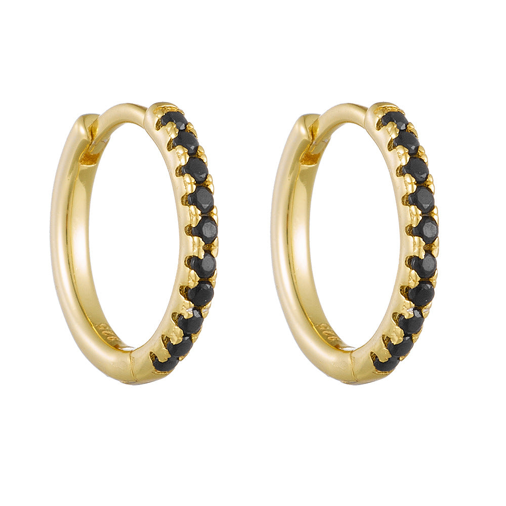925 Sterling Silver Micro-Inlaid Black Zircon Round Earrings, Trend Geometric Silver Earrings,