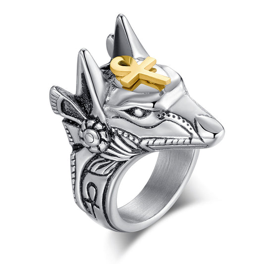 Planderful Anubis Ring Durable Titanium Steel Jackal Head Retro Hip Hop Punk Style For Streetwear Fans Sizes 7 To 12