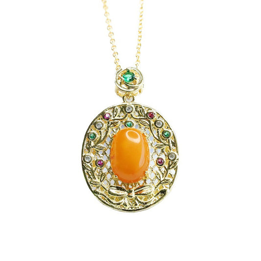 Amber Pendant Necklace with Zircon Garland and Sterling Silver Honey Wax Accents
