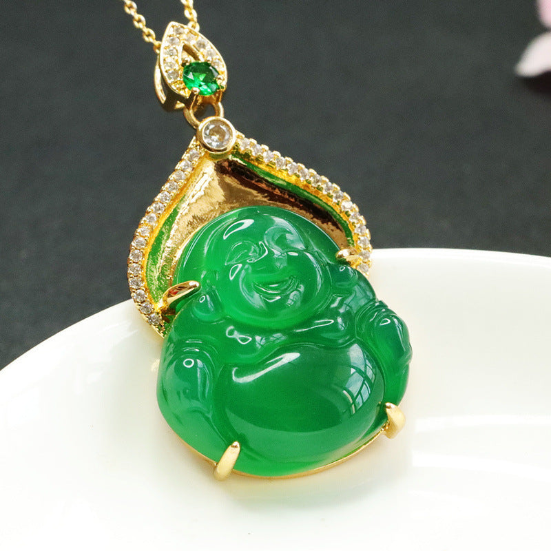 Green Chalcedony Buddha Necklace with Zircon Details