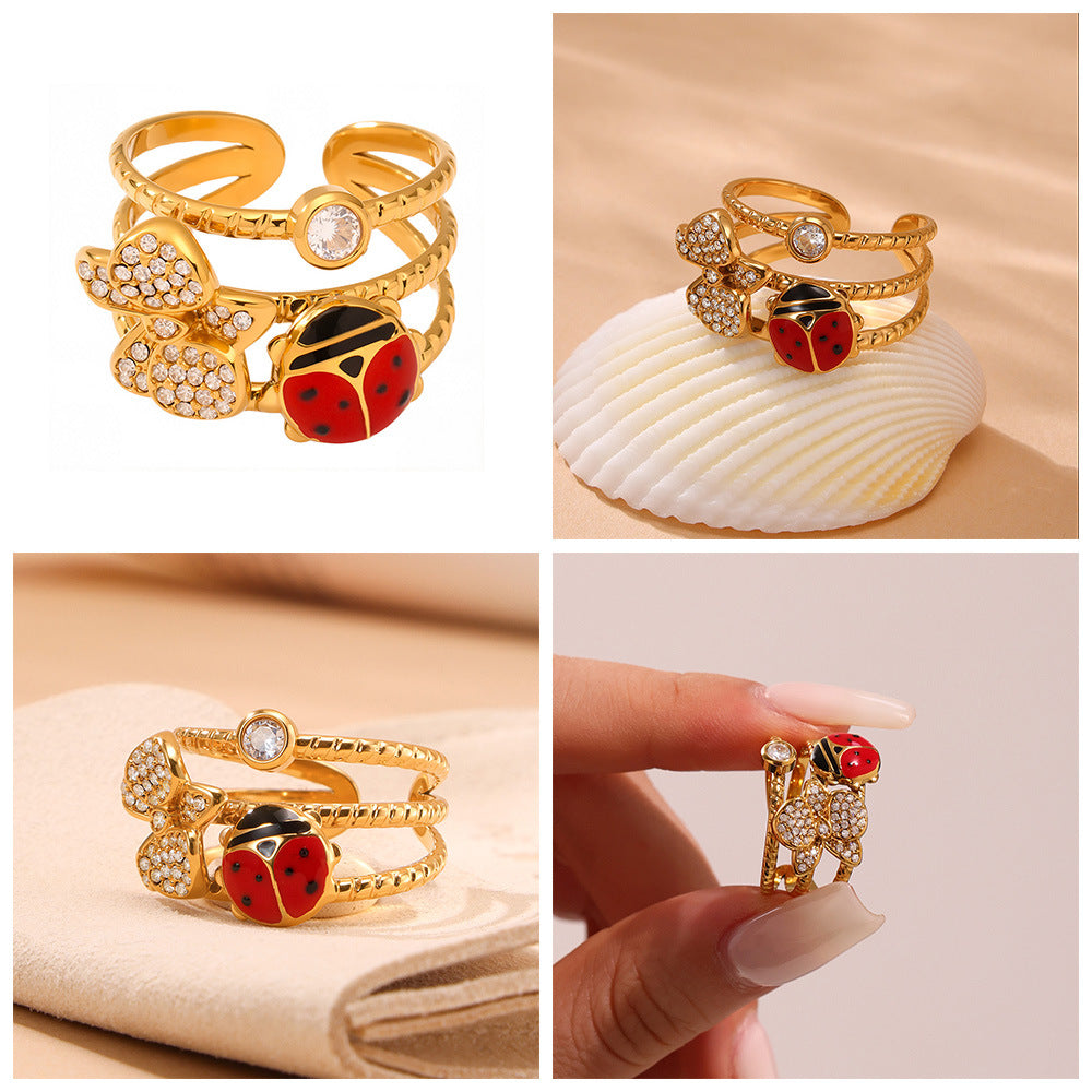 Planderful Ladybug Zircon Strawberry Ring Cute For Women