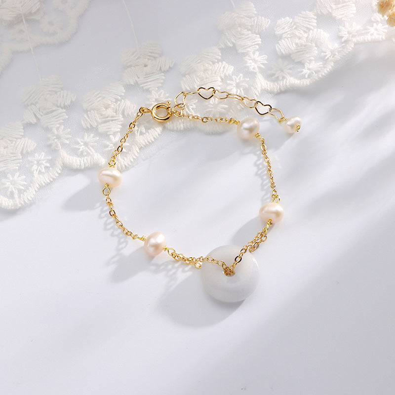 Jade and Pearl Sterling Silver Bracelet with Safety Buckle