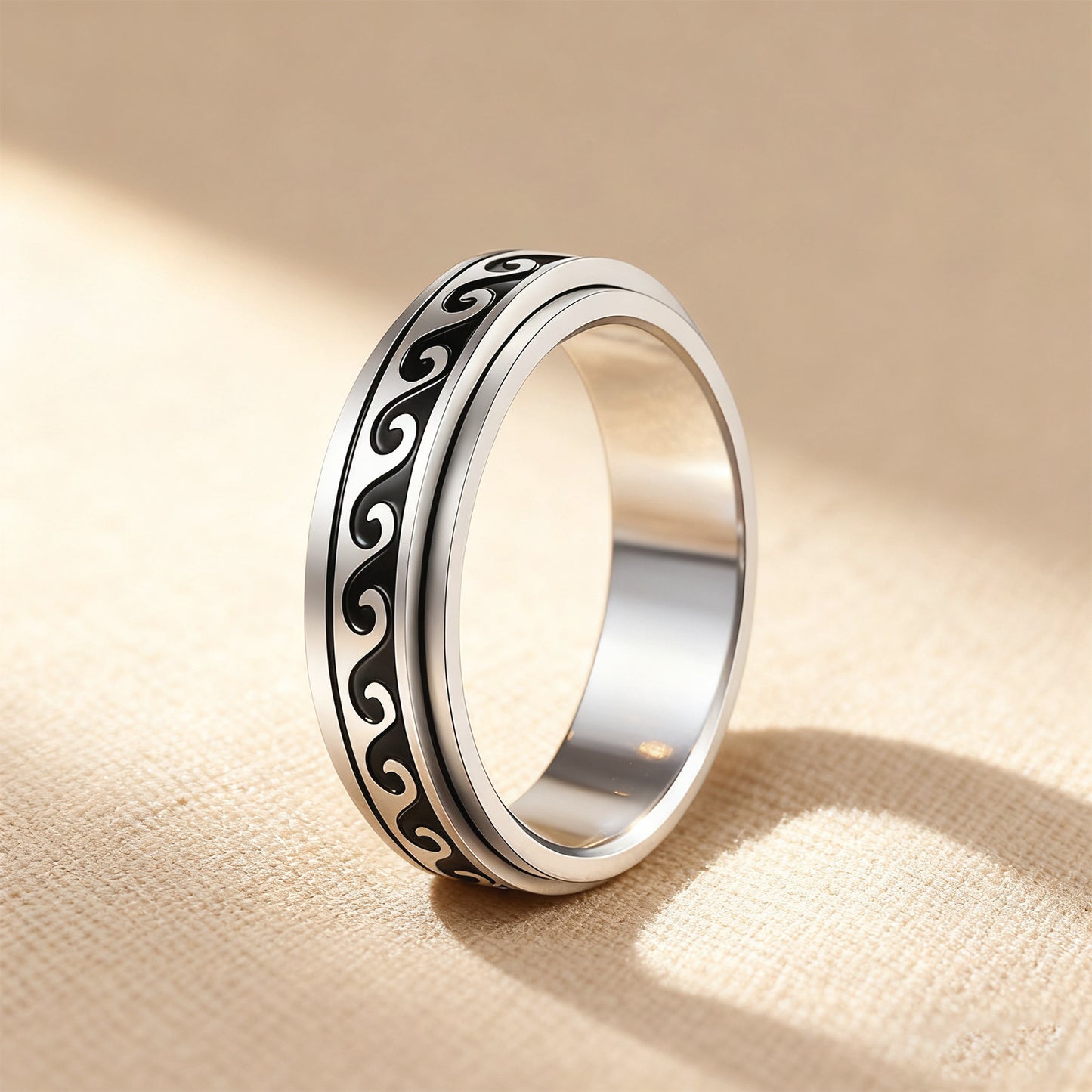 Planderful Everyday Genie Rotating Decompression Ring Stainless Steel Wave Pattern Unisex Stress Relief