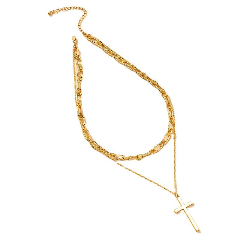 European-Inspired Cross Pendant Double Necklace Set - Stylish Fashion Neck Ornament