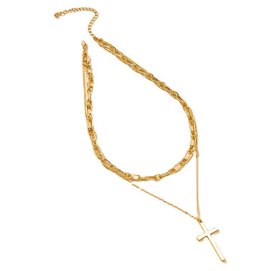 European-Inspired Cross Pendant Double Necklace Set - Stylish Fashion Neck Ornament