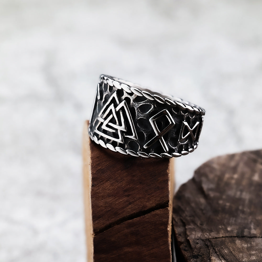 European and American Jewelry Wholesale Men's Titanium Steel Ring Rust-Free Viking Triangle Rune Design