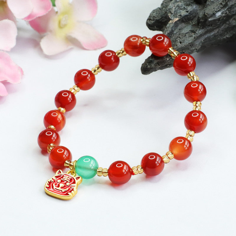 Tiger Head Natural Red Agate and Green Chalcedony Sterling Silver Bracelet