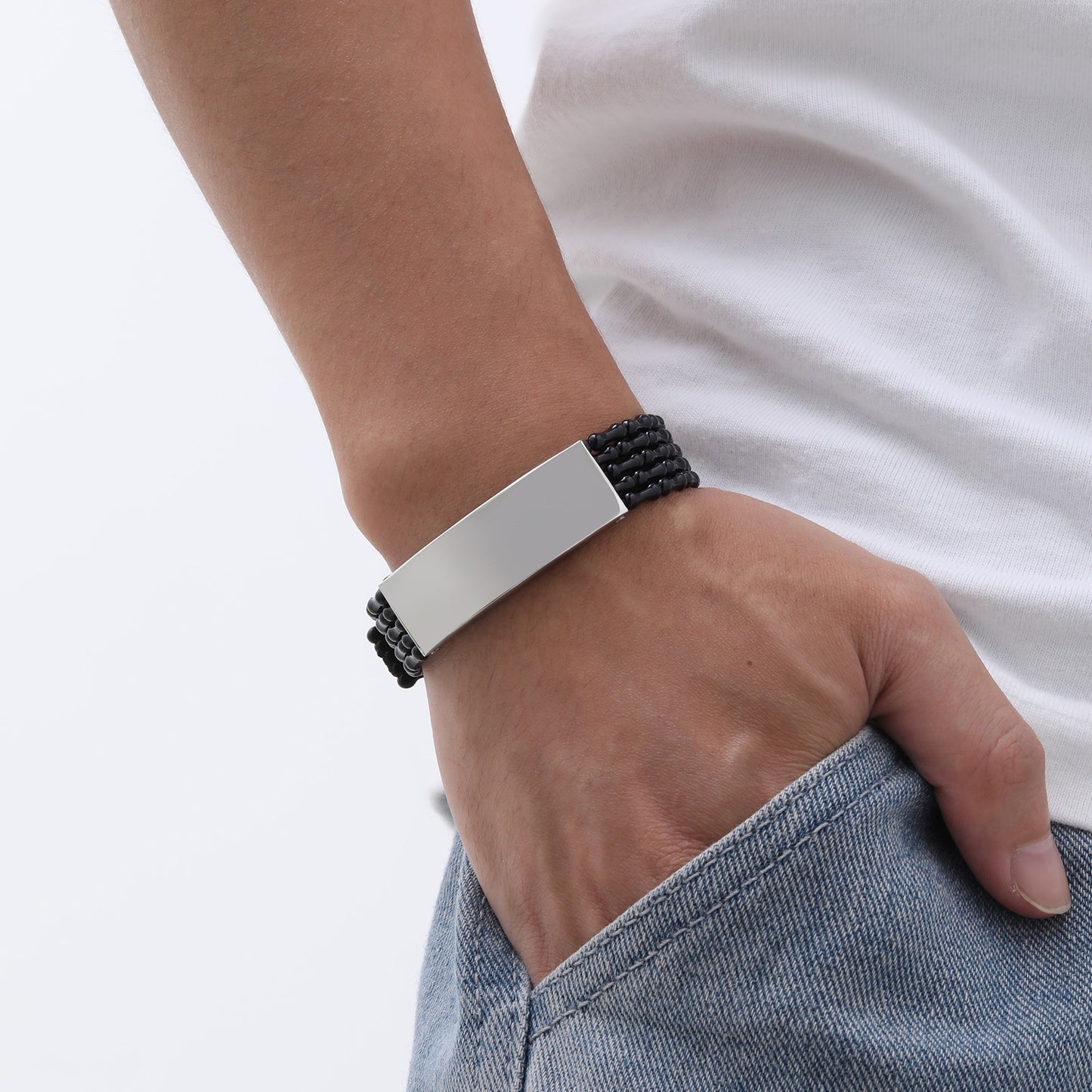 Jewelry Stainless Steel Curved Brand Black PVC Strap Bracelet Universal for Men and Women