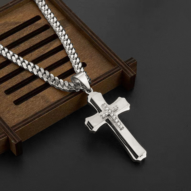 Planderful Titanium Steel Cross Pendant Necklace Three Layer Zircon Men Punk Style
