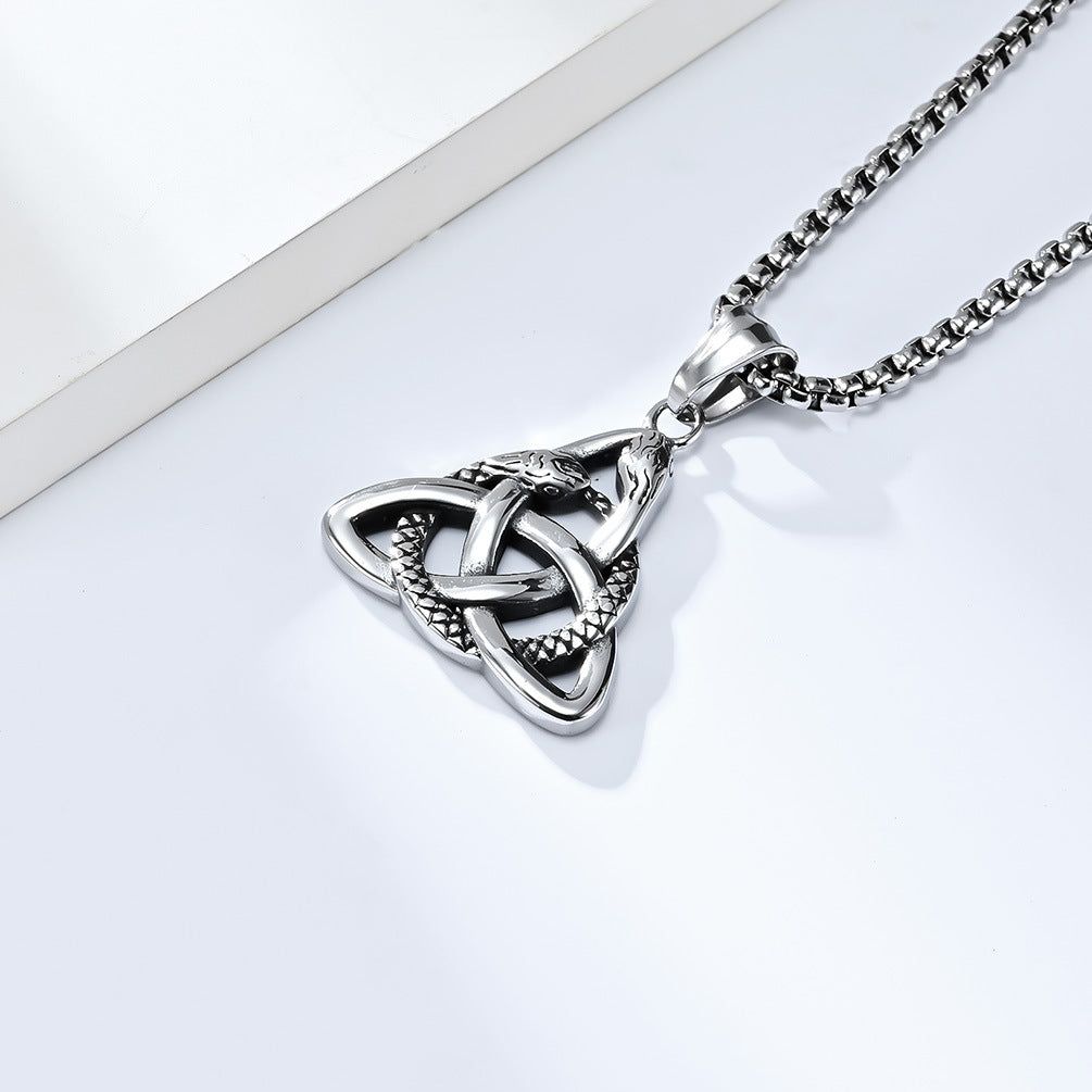 Planderful Viking Double Headed Snake Triangle Knot Necklace For Men Durable Titanium Steel Eternal Knot Pendant