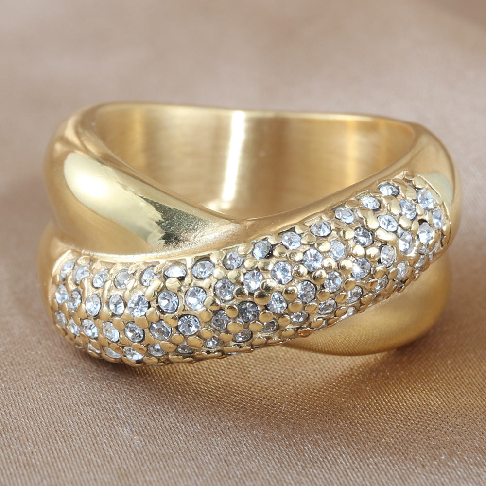 Titanium Steel Woven Stone Ring - Retro Trendy Jewelry for Girls - Stainless Steel with White Stone - European and American Fashion Accessories