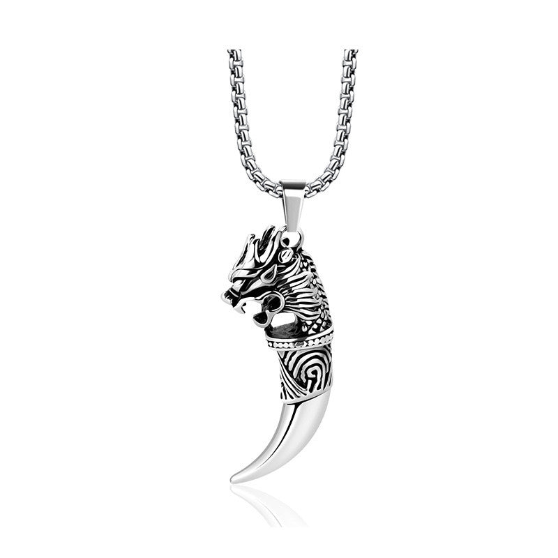 Planderful Viking Wolf Fang Necklace For Men Stainless Steel With Titanium Finish Norse Symbol Pendant
