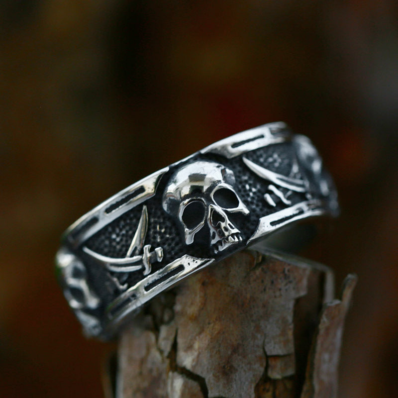 Stainless Steel Punk Hip-Hop Skull Ring for Men - Double Sickle Design in Titanium Steel, Wholesale Options Available