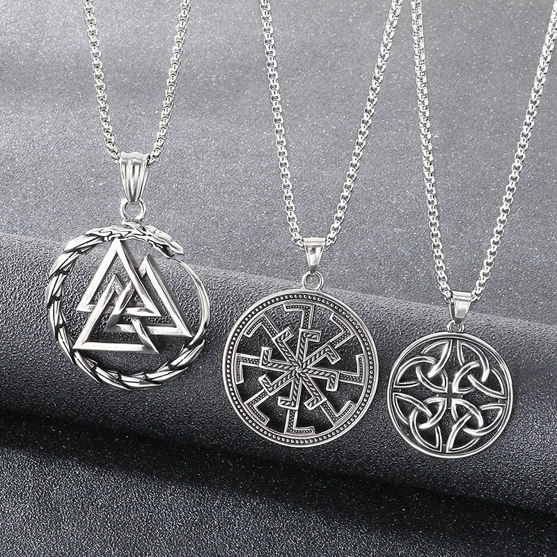Viking Link Hollow Round Pendant, Old Nordic Octagram Celtic Knot Titanium Steel Men's Necklace