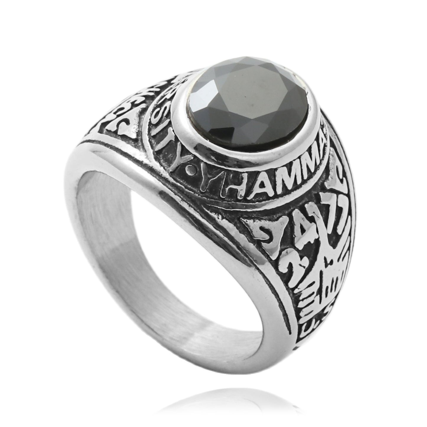 Titanium Steel Multi-Color Gemstone Ring for Men - Retro Punk Style with Letter Design