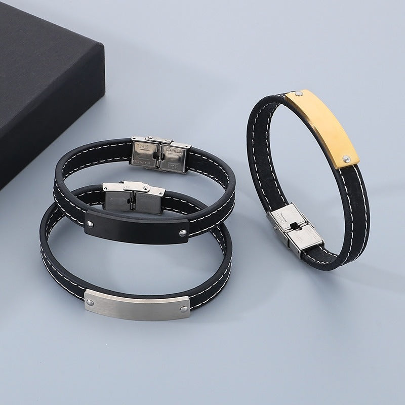 Stainless Steel Curved Bar Men's Bracelet – Business Leather Bracelet