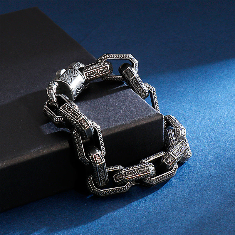 Antique Square Buddha Head Titanium Steel Men's Bracelet