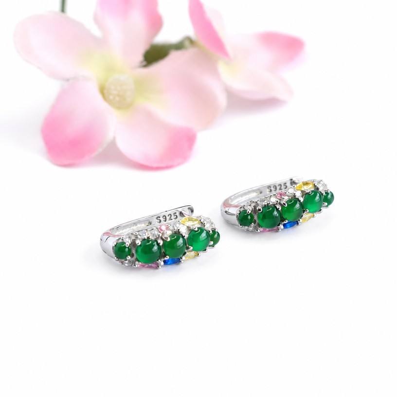 Jadeite Row-Set 925 Silver Hook Earrings