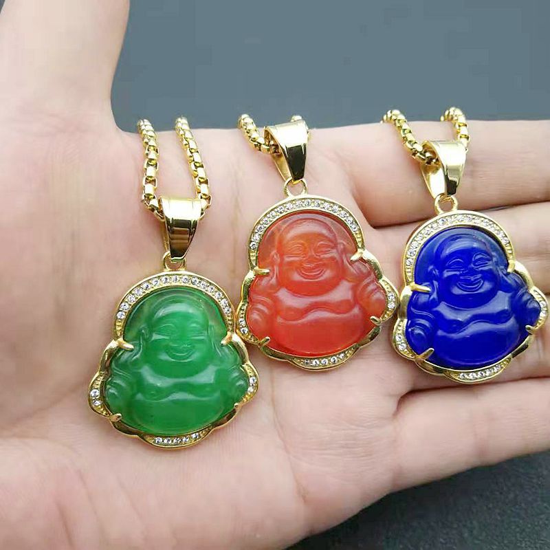Planderful Maitreya Buddha Pendant Necklace Stainless Steel Gold Plated Zircon Opal Hip Hop Style For Men Women