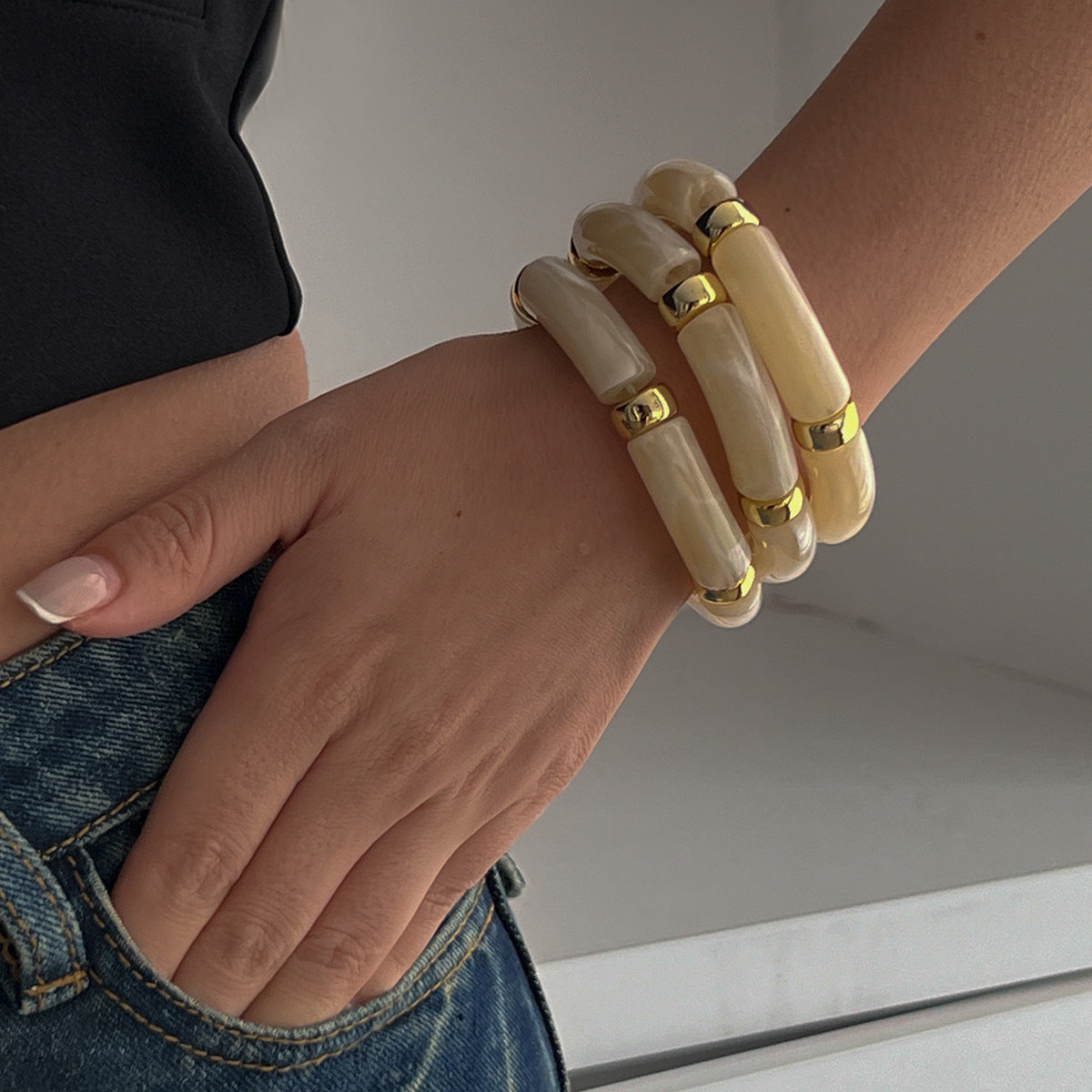 Planderful Vienna Verve Retro Beaded Elbow Bracelet Set For Women Geometric Statement Jewelry