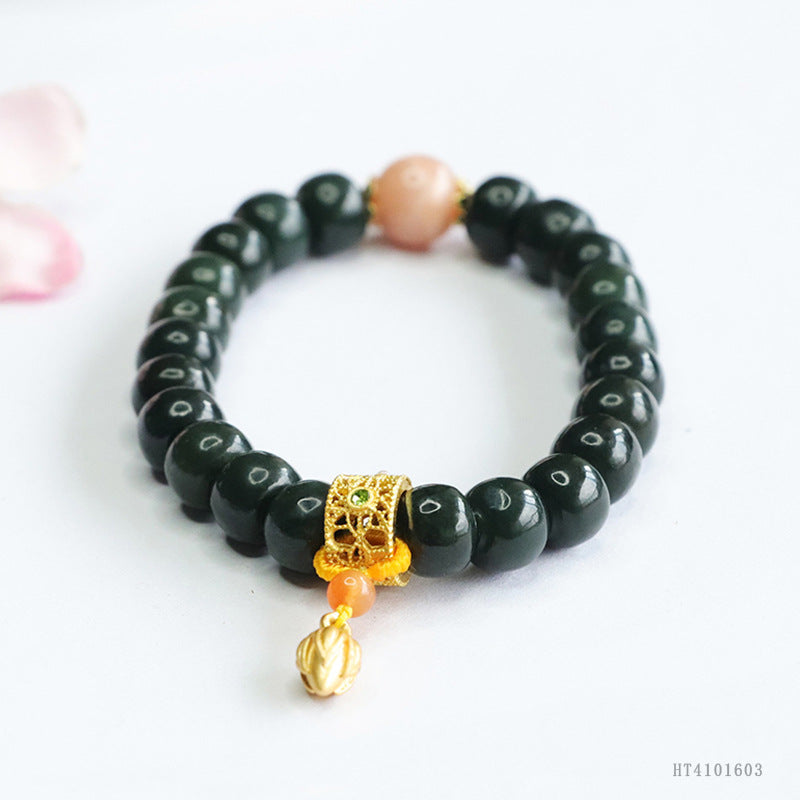 Dark Taqing Hetian Jade Vintage Bead Bracelet