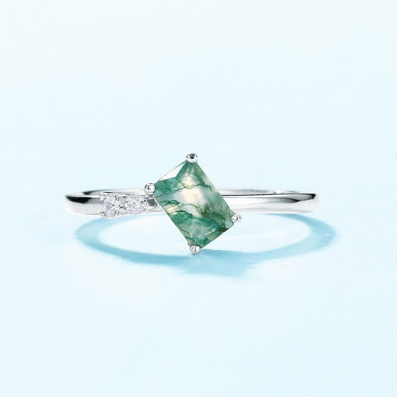 S925 Sterling Silver Moss Agate Square Jewelry Collection