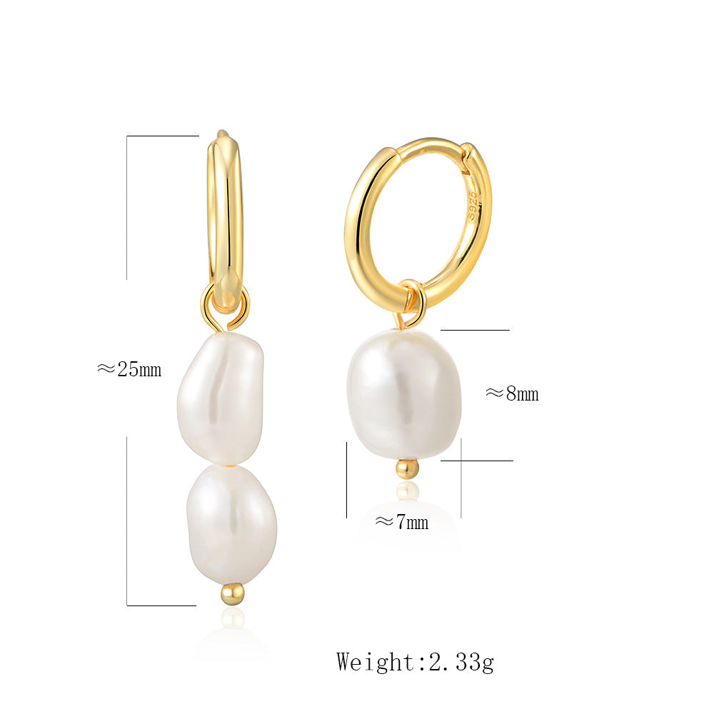 S925 Sterling Silver Natural Freshwater Baroque Pearl Asymmetrical Earrings Versatile Earrings Jewelry