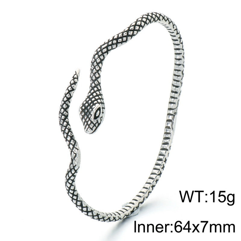 Punk Style Antique Winding Snake Thin Bracelet Goth Zircon Flower Stainless Steel Men's