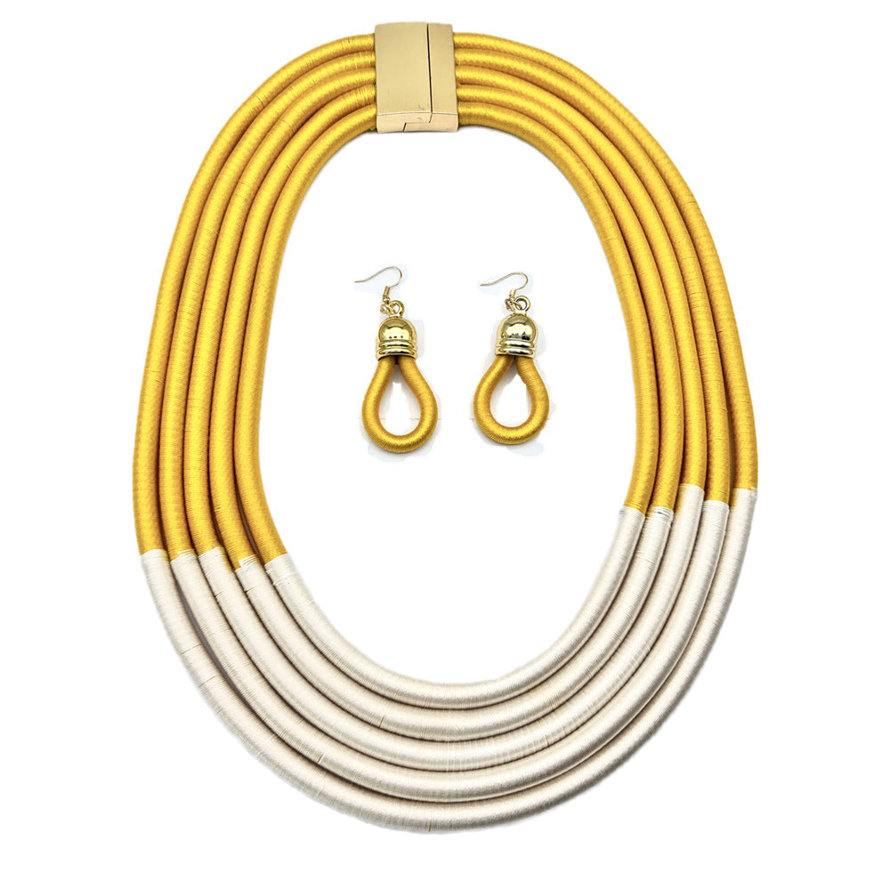 Exaggerated Multilayer Braided Necklace and Earrings Set - Savanna Rhythms