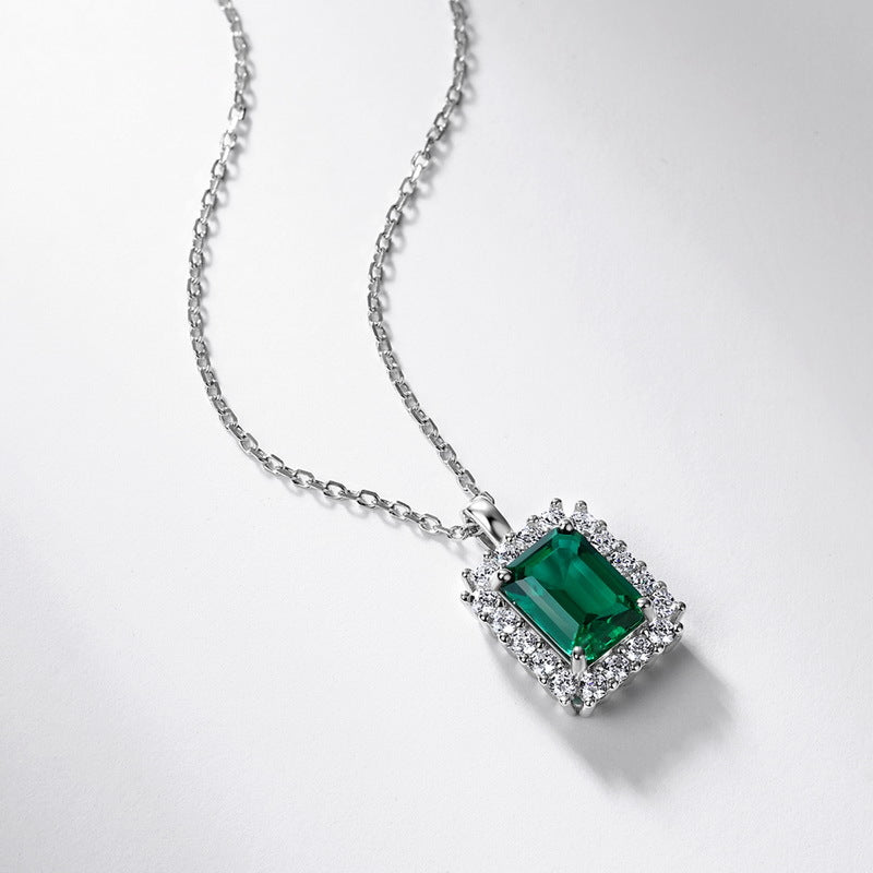 Planderful Jewelry Sterling Silver Lab Grown Emerald Necklace With Vintage Zircon Halo, Elegant Gift