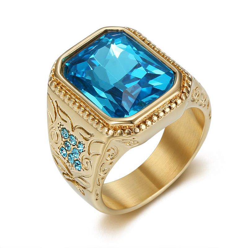 Planderful Hip Hop Ring For Men Gold Plated Titanium Steel Ice Blue Rhinestone Glass Gem Everyday Genie