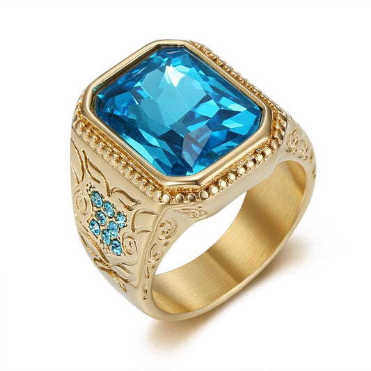 Planderful Hip Hop Ring For Men Gold Plated Titanium Steel Ice Blue Rhinestone Glass Gem Everyday Genie