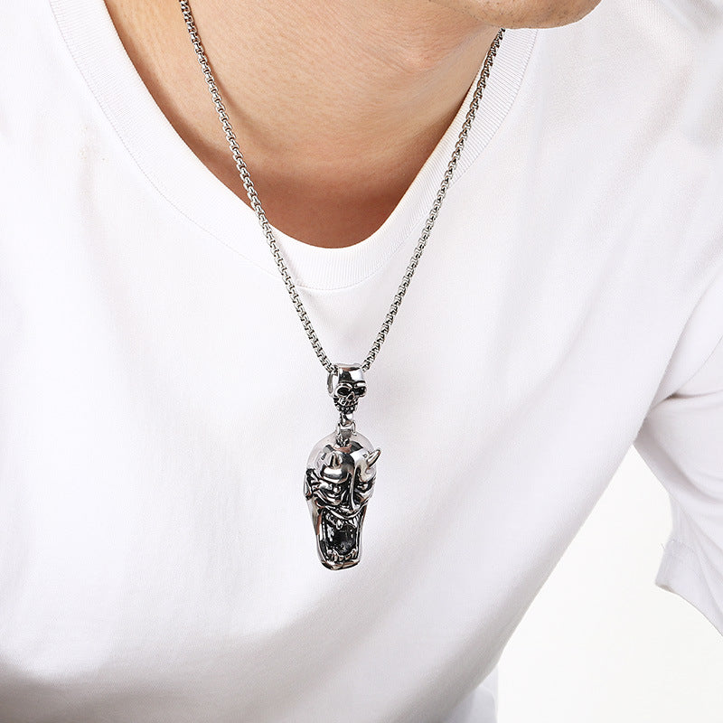 Viking Warrior Helmet Buddha Head Pendant, Dark Gothic Wind Lightning Red Eye Skull Necklace