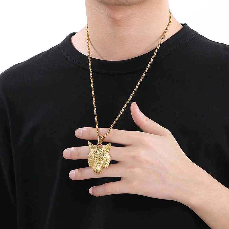 Animal, Punk Retro Viking Direwolf Head Stainless Steel Pendant For Men Necklace