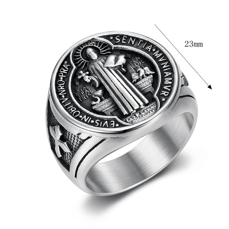 Planderful Saint Benedict Ring For Men Stainless Steel Gold Plated Hip Hop Jewelry Durable Statement