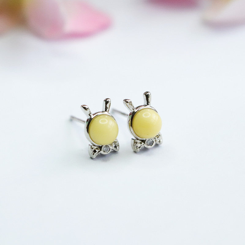 Beeswax Amber Bunny Bow 925 Silver Stud Earrings