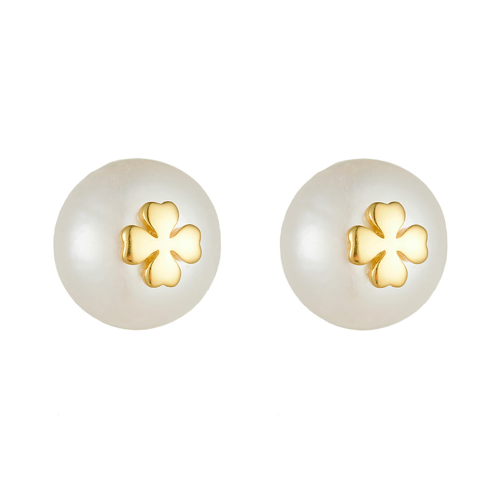925 Sterling Silver Retro French Natural Pearl Stud Earrings Four-Leaf Clover Earrings And