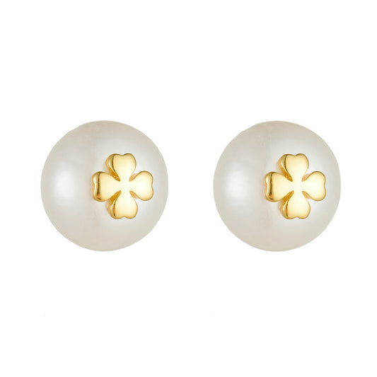 925 Sterling Silver Retro French Natural Pearl Stud Earrings Four-Leaf Clover Earrings And
