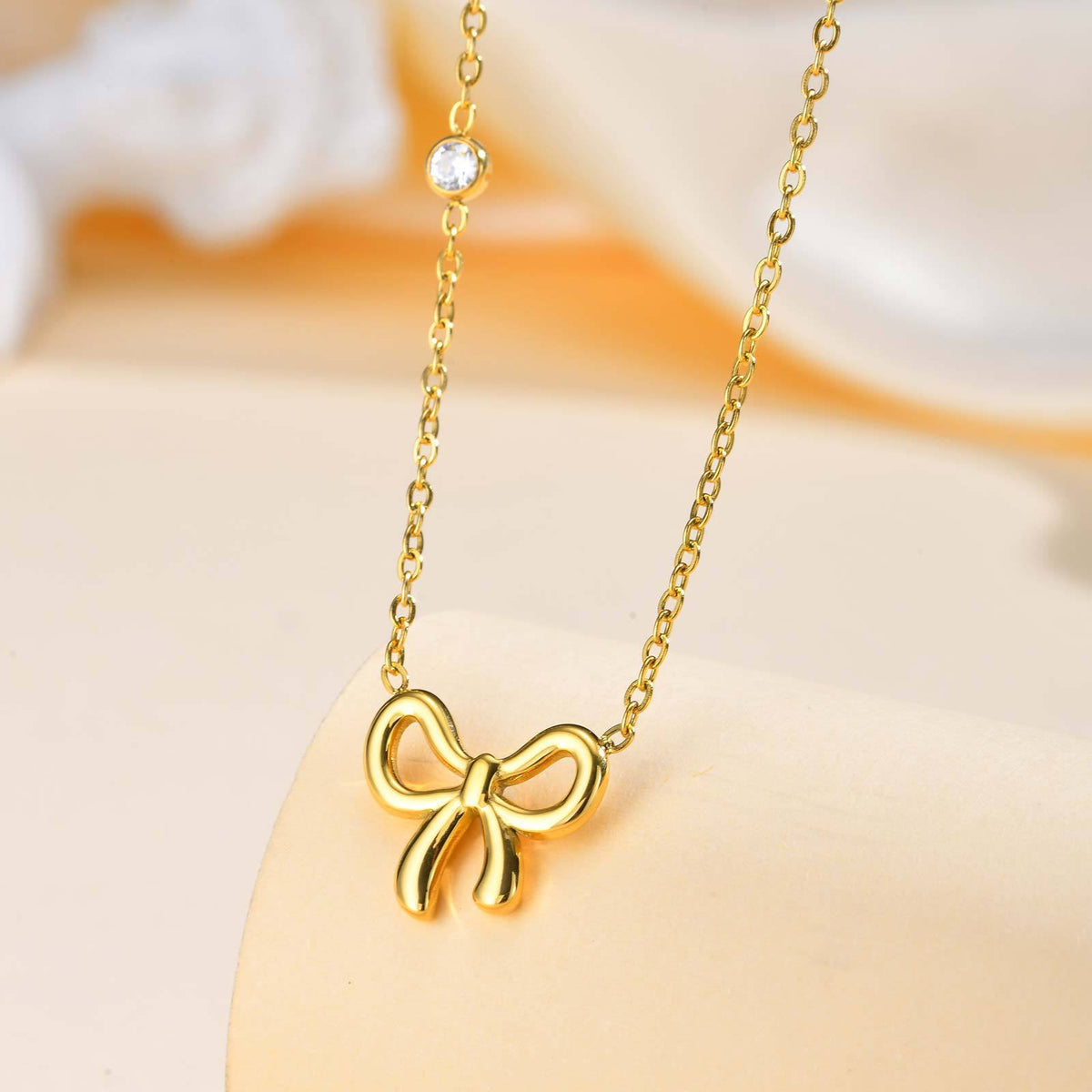 Stainless Steel Flat Cross Chain Zircon Bow Necklace Gold