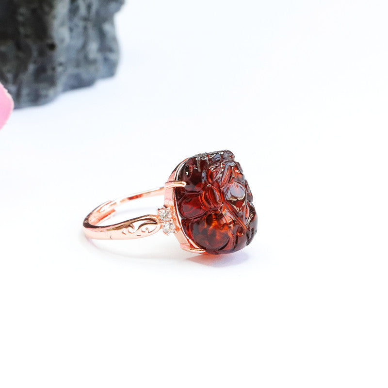 Natural Blood Amber Pixiu Zircon Ring crafted in Sterling Silver