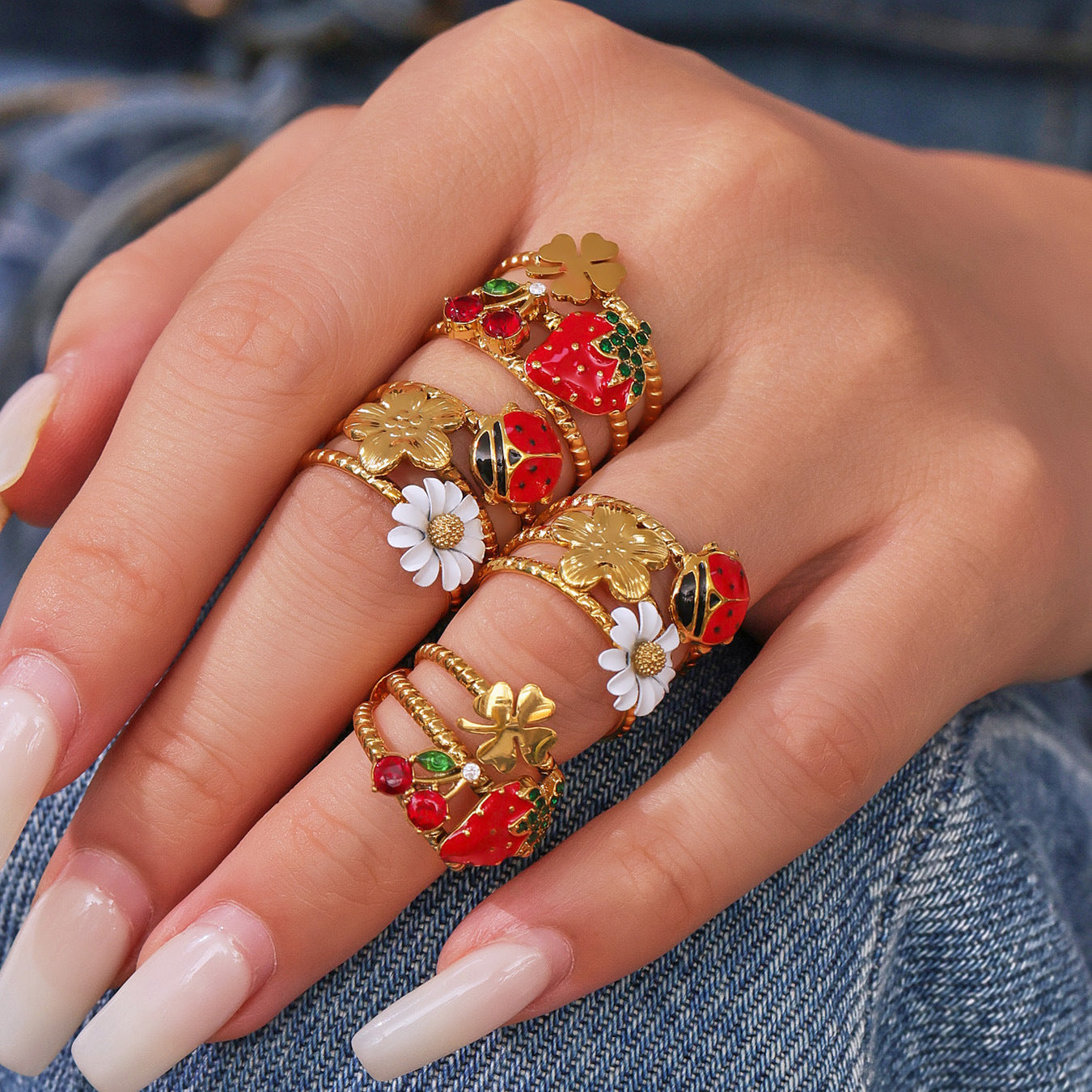 Planderful Hollow Oil Drop Zircon Daisy Ladybug Ladies Ring