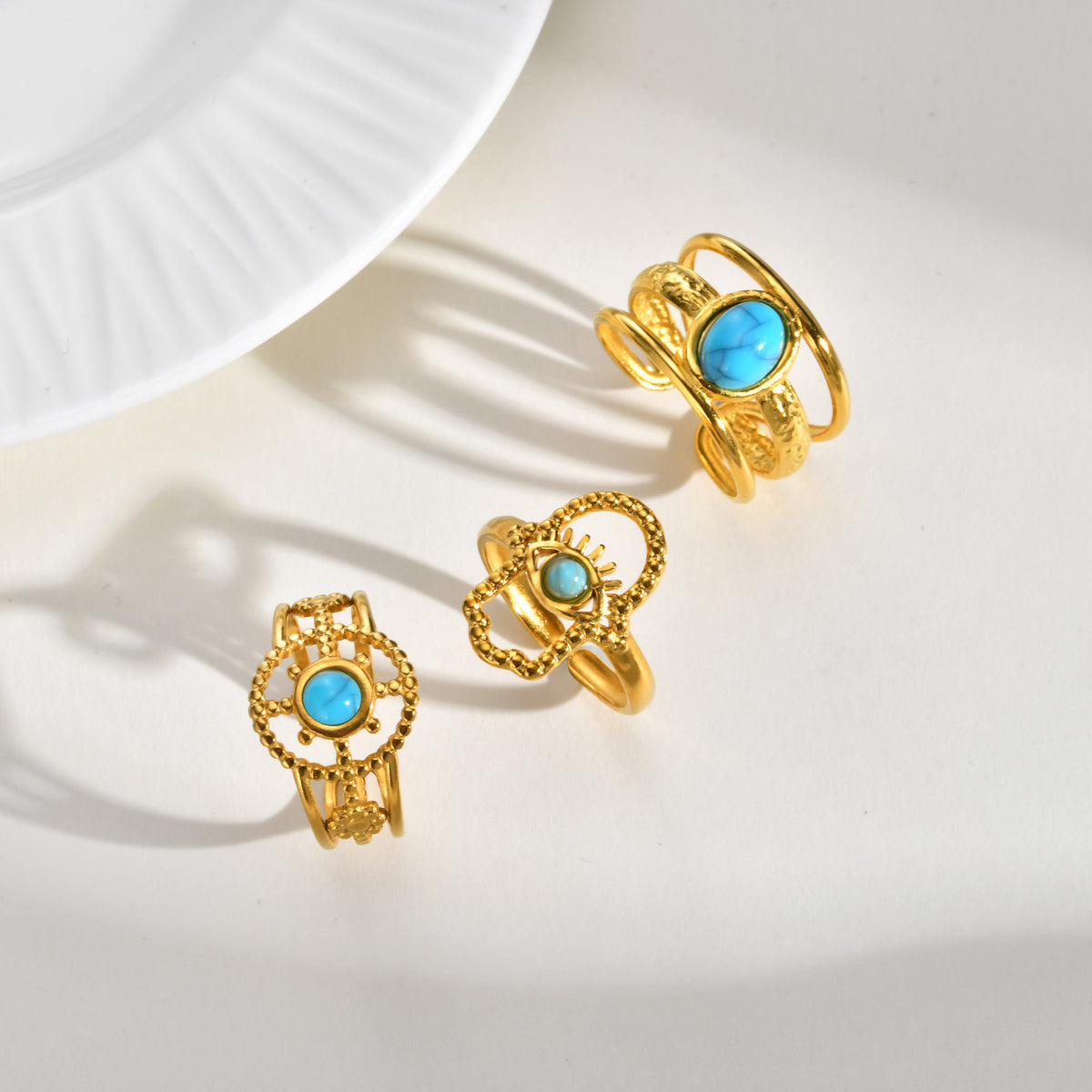 Stainless Steel Casual Gentle Cure Turquoise Triple Open Ring