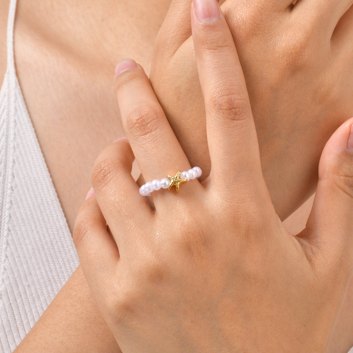 Stainless Steel Starfish Shell Imitation Pearl Summer Seaside Vacation Wind Ring