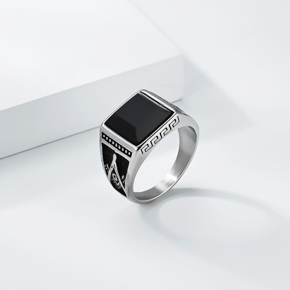 Planderful Freemason Ring Black Stone Stainless Steel Unisex Symbol Of Protection For Fraternity Members