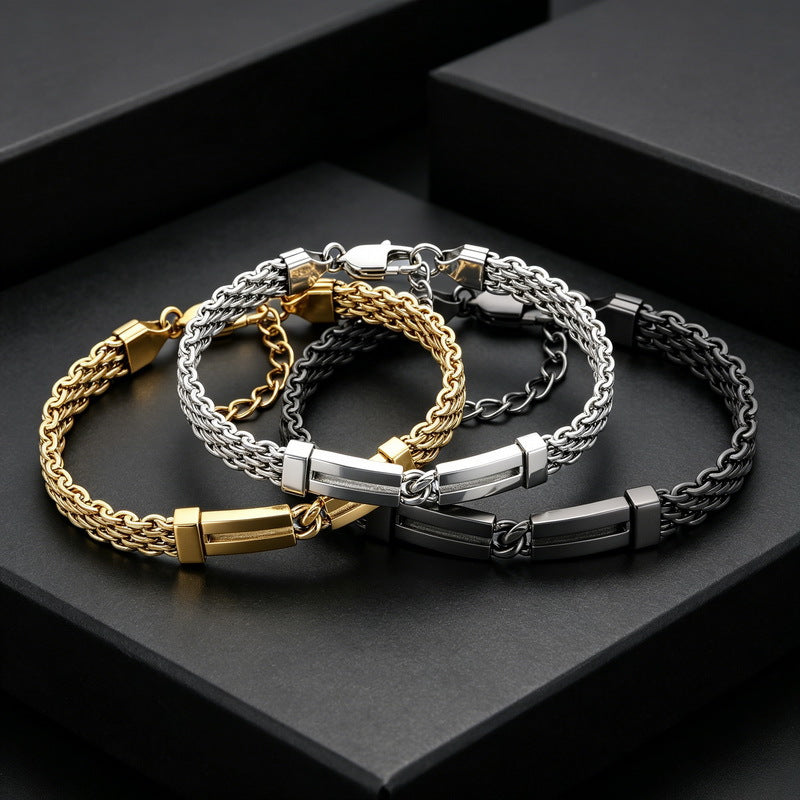 Including Extension Chain – Layered Hollow Curved Bar Mesh Chain Stainless Steel Bracelet