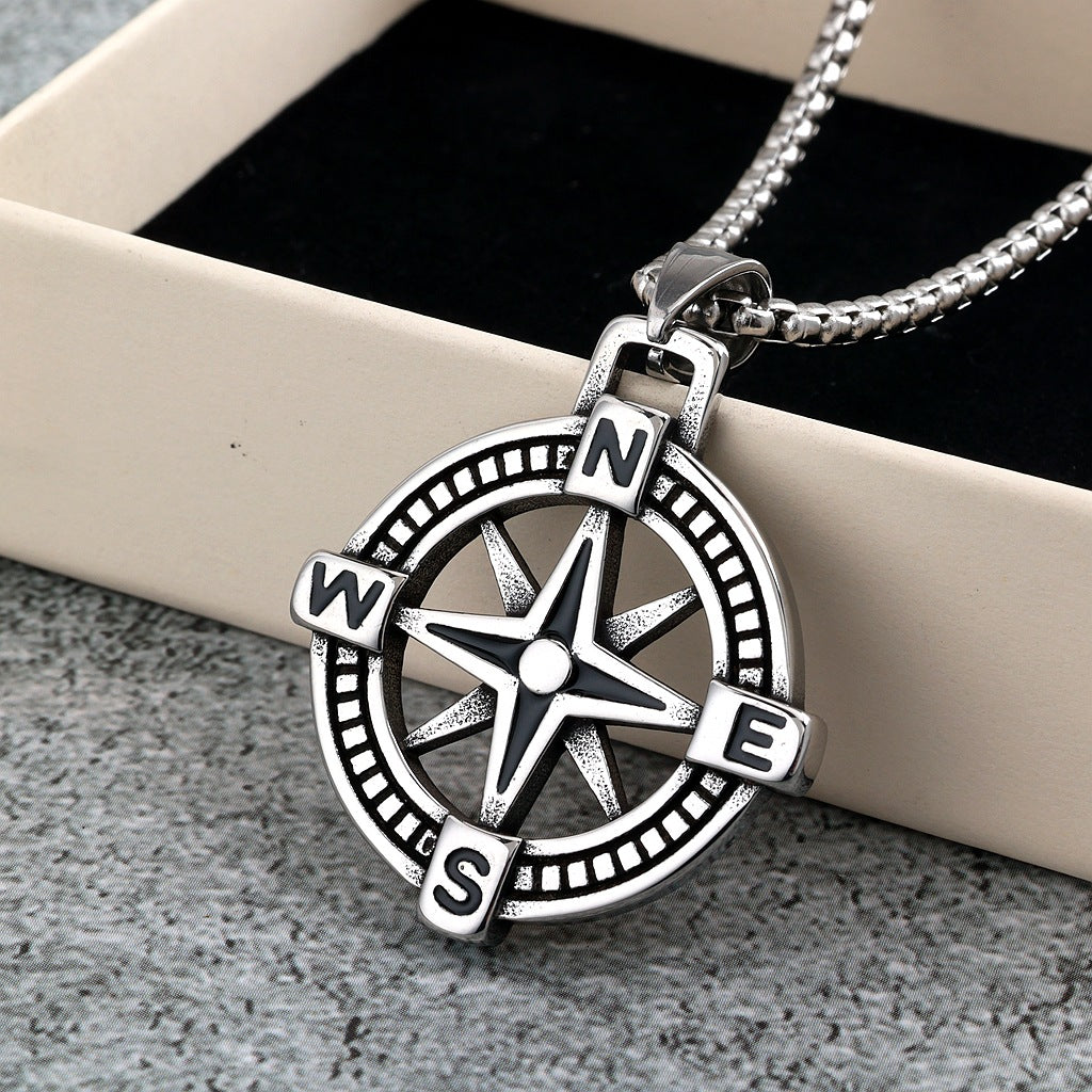 Vintage Compass Stainless Steel Men's Pendant Necklace