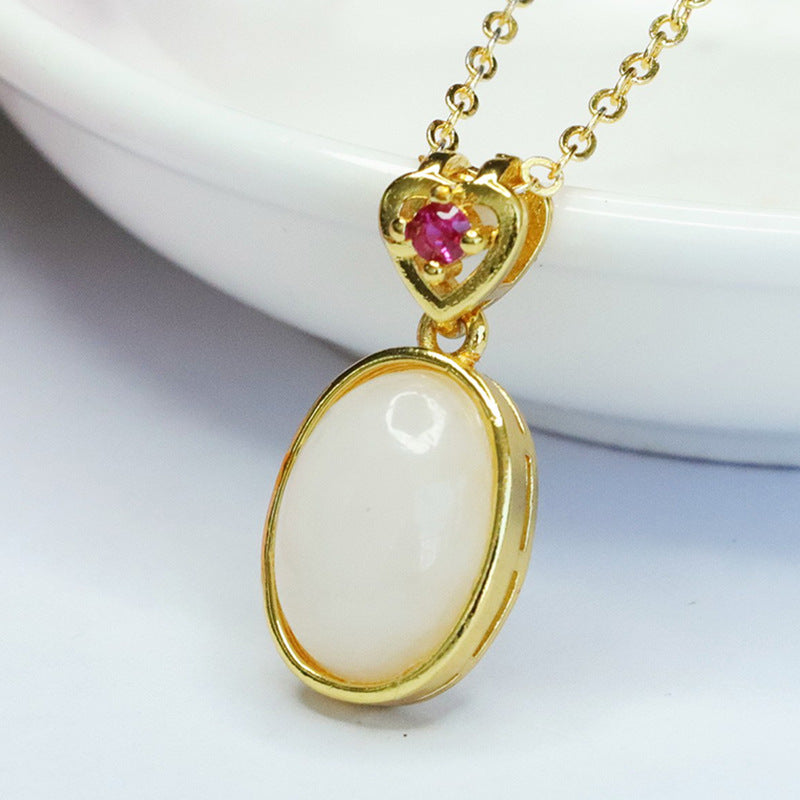 Elegant Oval White Jade Love Golden Pendant