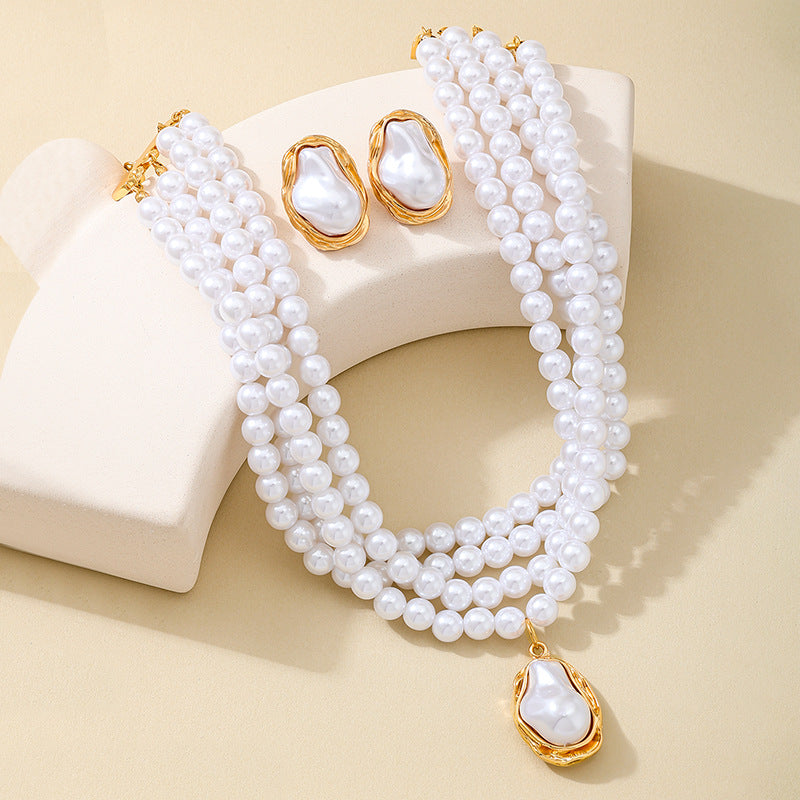 Gorgeous Multi-Layered Pearl Necklace Earrings Set for Women