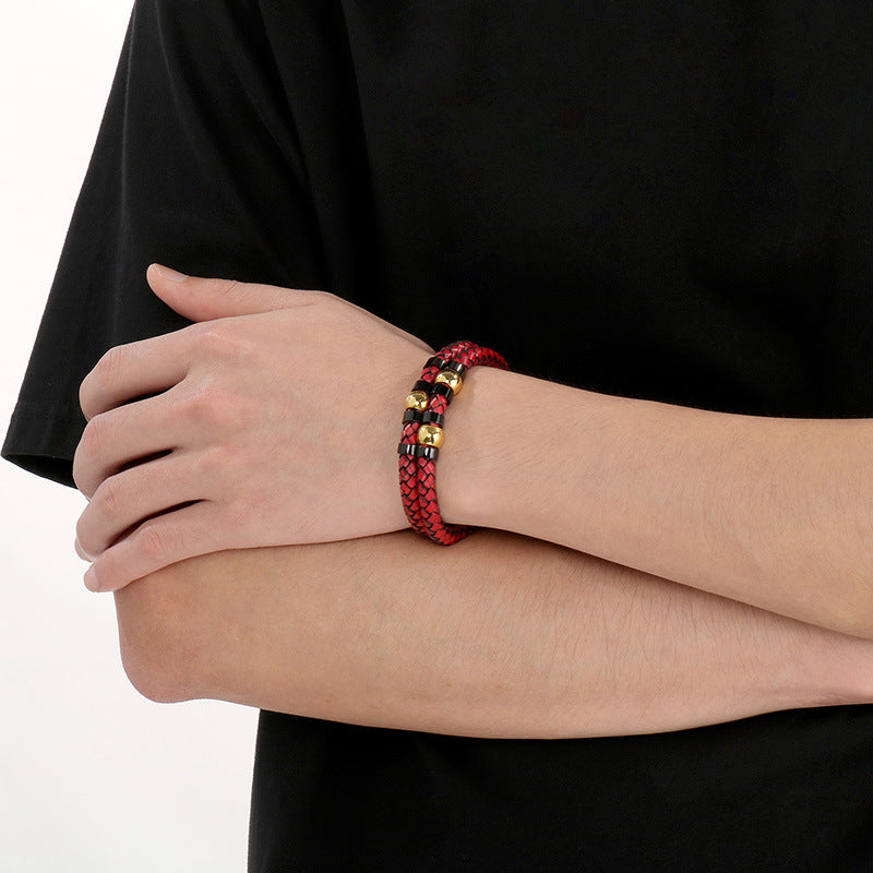 Stylish & Double-Layer Spliced Leather Bracelet – Vacuum Electroplated Spring Buckle