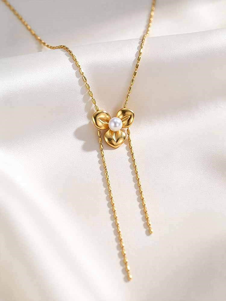 Minimalist Stainless Steel Flower Imitation Pearl Olive Bead Y-Shaped Exquisite Necklace